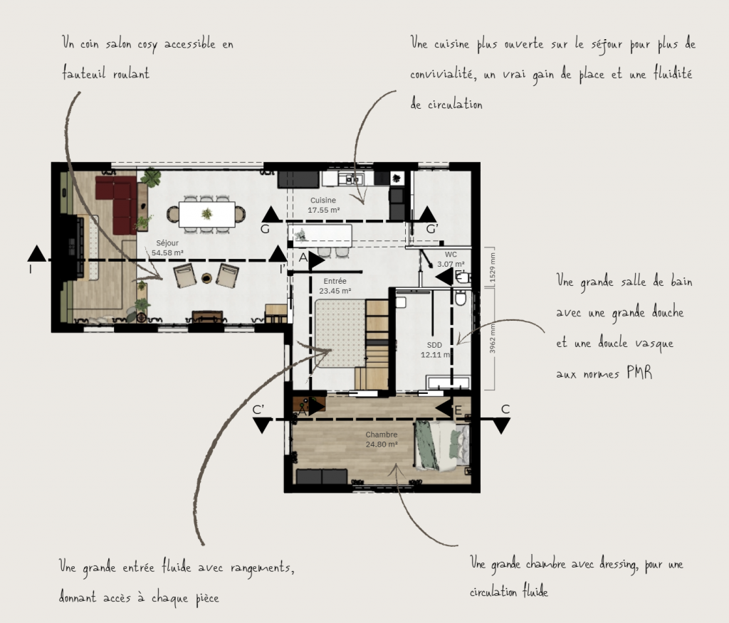 Plan d'aménagement d'une maison à Béthune après rénovation PMR avec optimisation des circulations et accessibilité du rez-de-chaussée