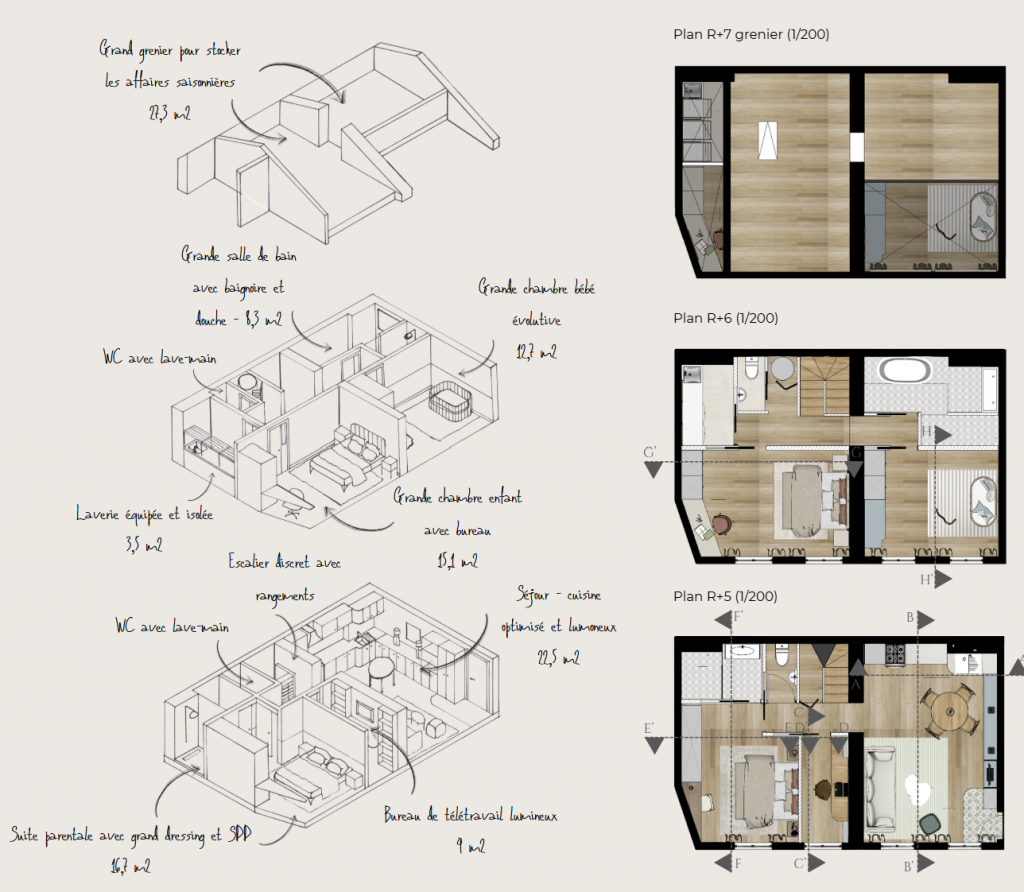 Plans d'aménagement réalisés pour la rénovation et le réaménagement d'un duplex à Lille